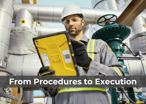 Industrial worker using a tablet to execute work instructions in a chemical plant environment